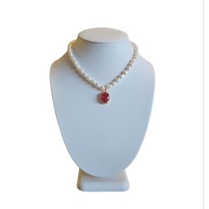 Natural Irregular Freshwater Pearl Necklace & Red Crystal Pendant Gold…